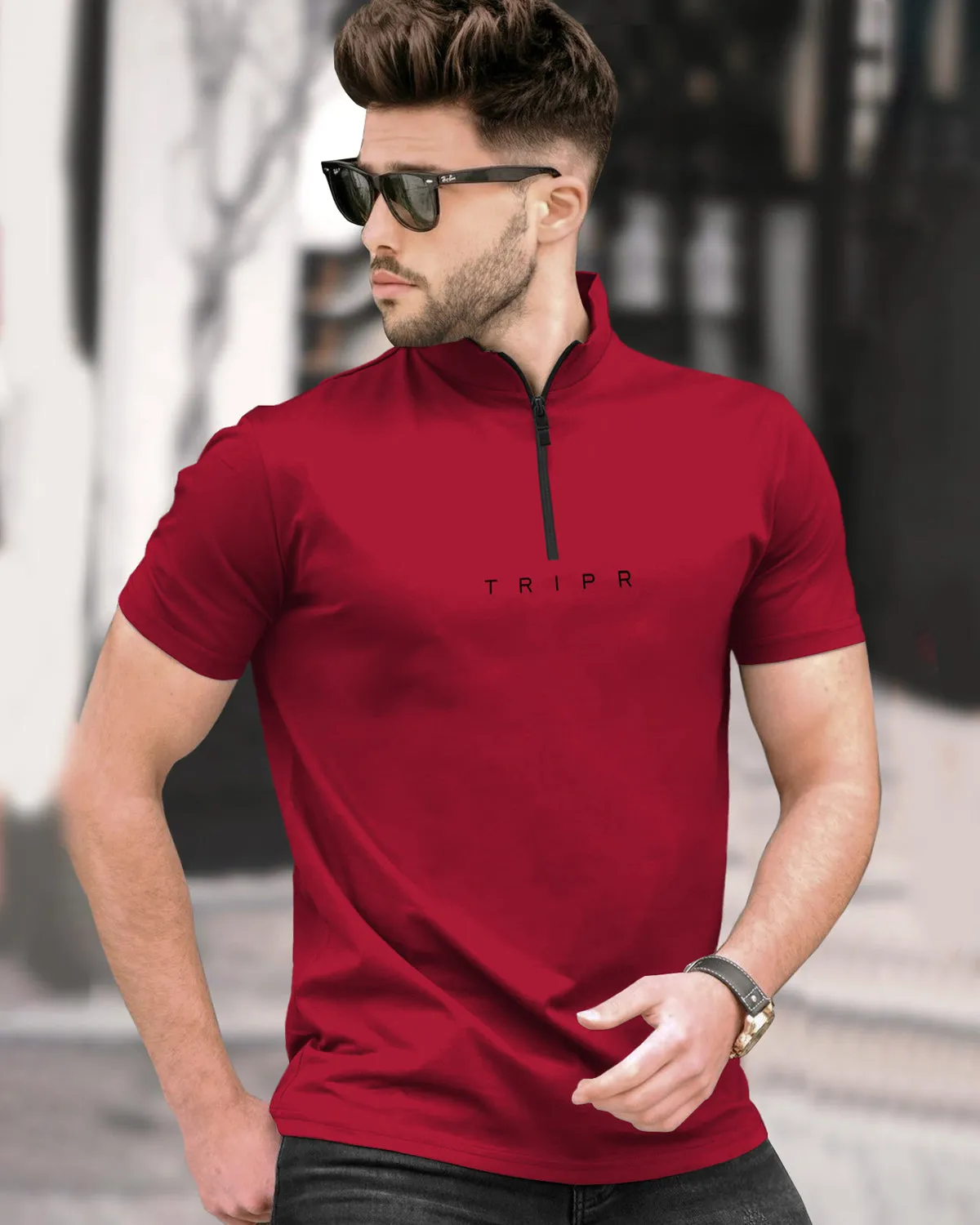 (4 COLORS) Men Plain Zipper Neck Half Sleeve T-shirt