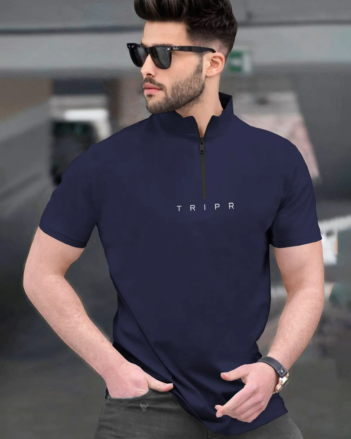 (4 COLORS) Men Plain Zipper Neck Half Sleeve T-shirt