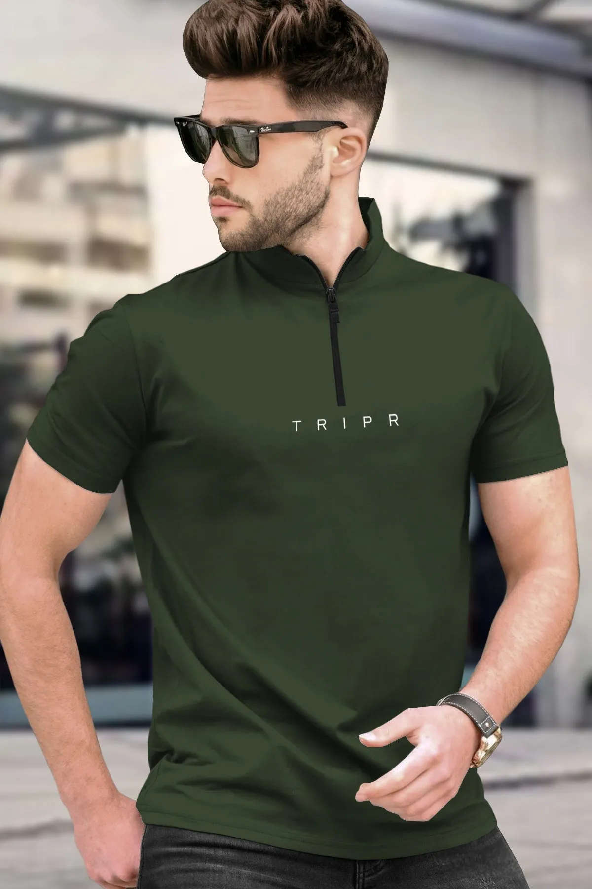 (4 COLORS) Men Plain Zipper Neck Half Sleeve T-shirt