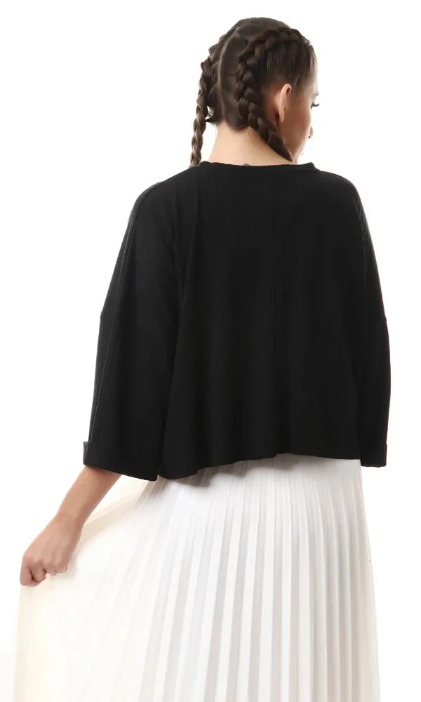 56997 Roll-Up 3/4 Sleeves Ribbed Black Top