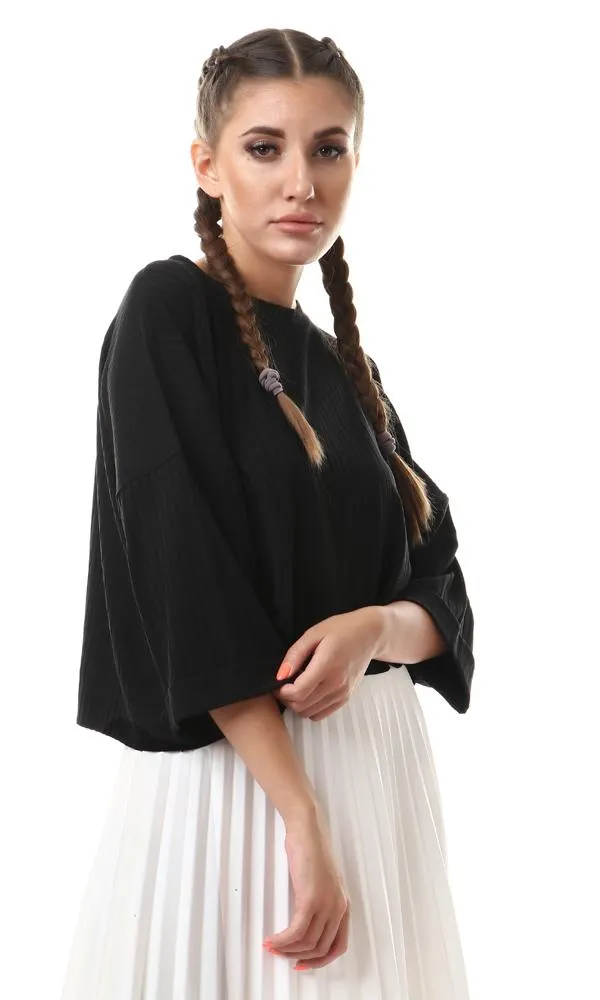 56997 Roll-Up 3/4 Sleeves Ribbed Black Top