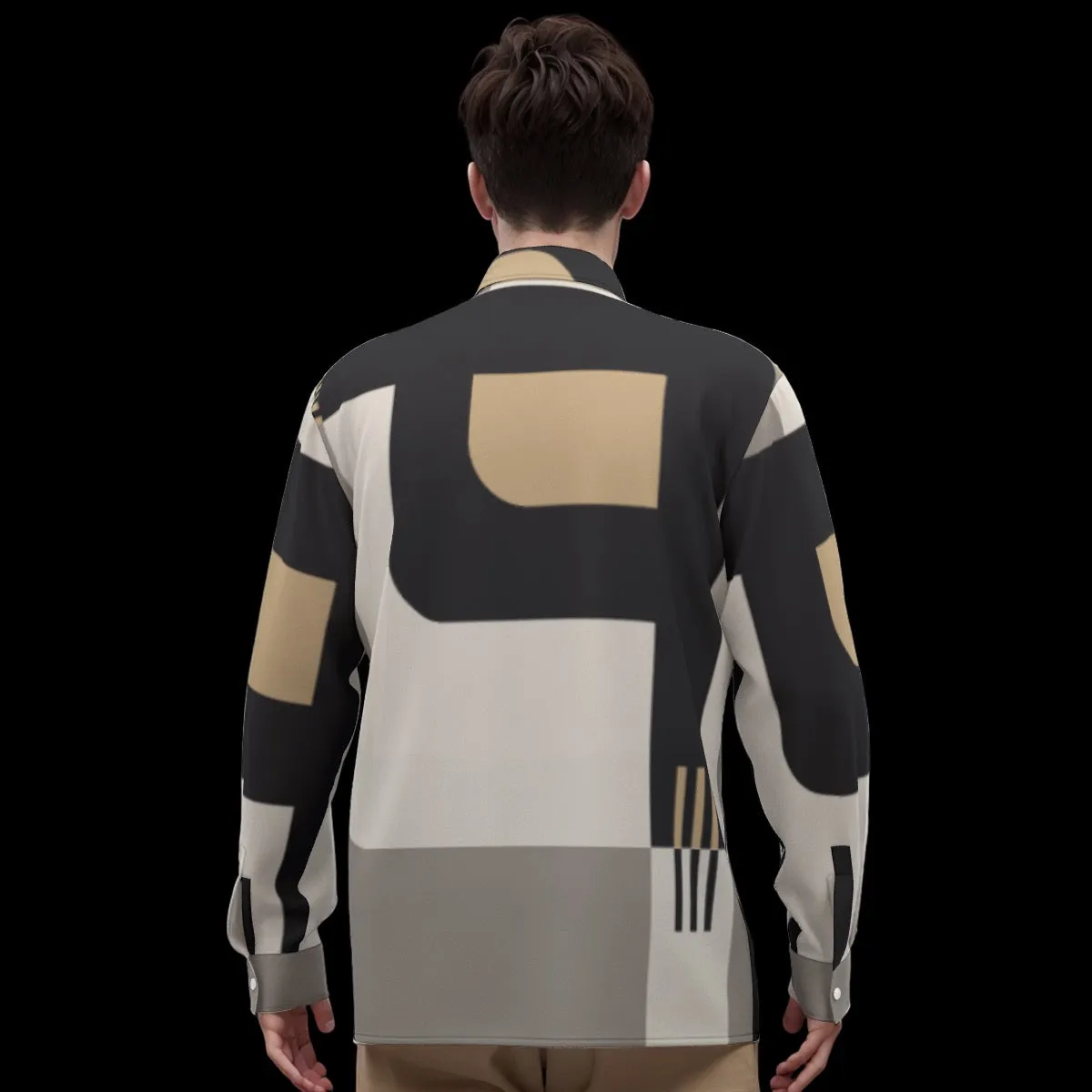 All-Over Print Men's Imitation Silk Long-Sleeved Shirt J 25 black, white, and gold abstract