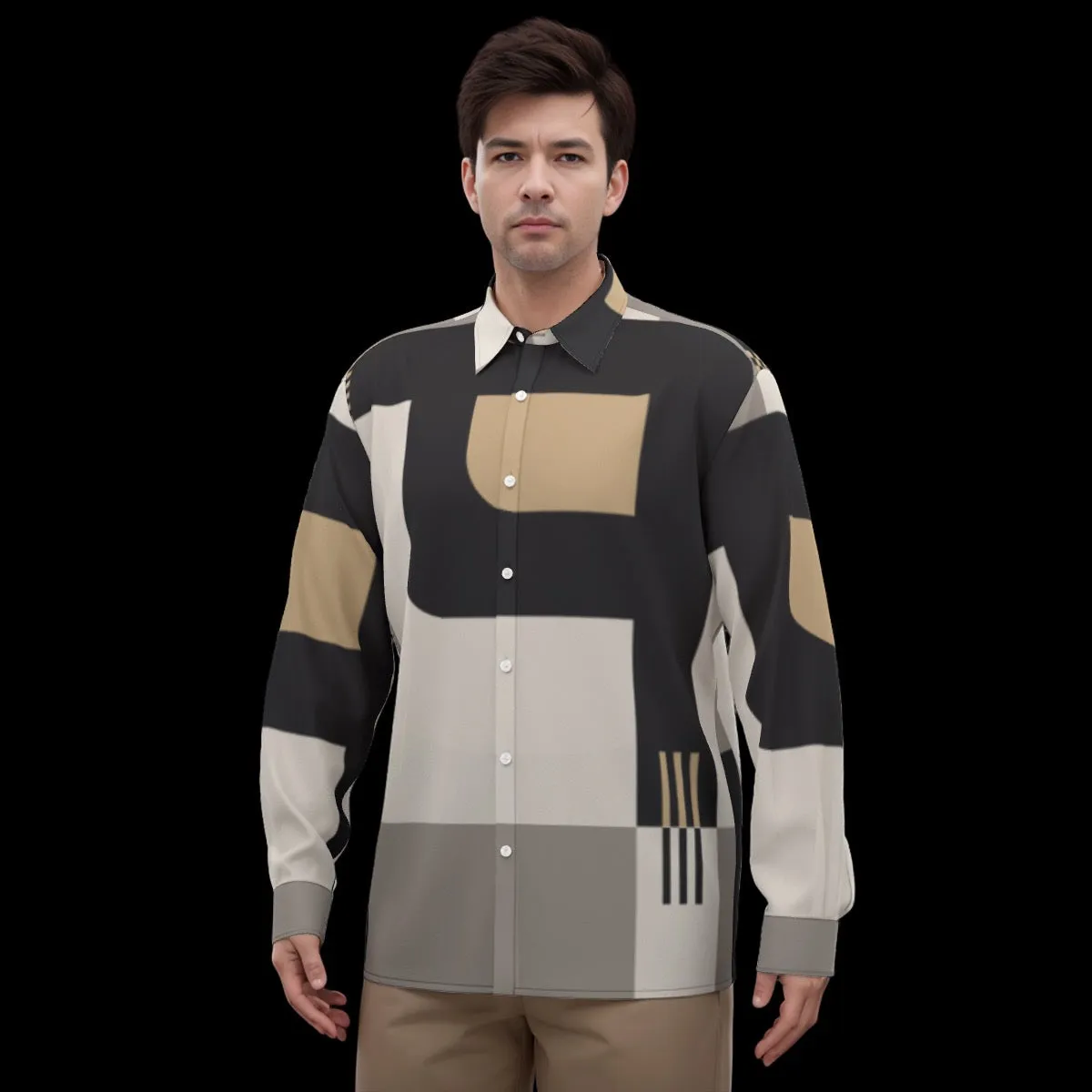 All-Over Print Men's Imitation Silk Long-Sleeved Shirt J 25 black, white, and gold abstract