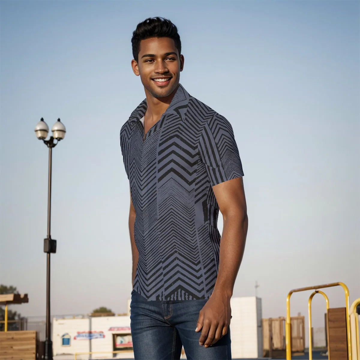 All-Over Print Men's Shirt J 24 black and blue striped print