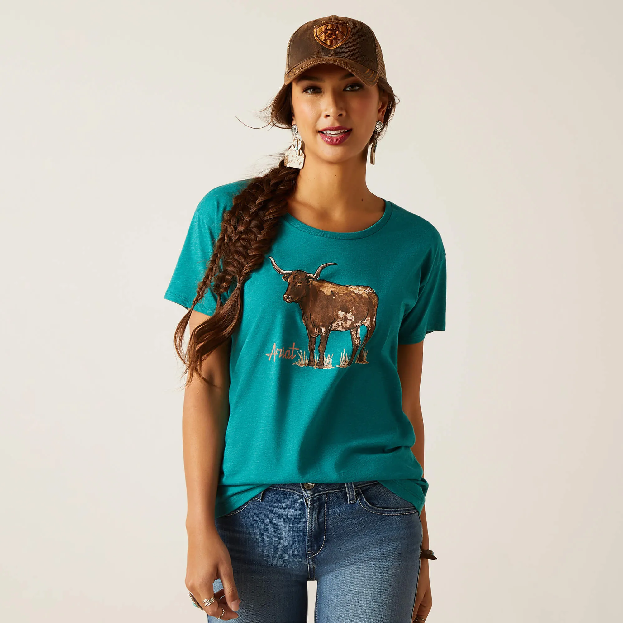 Ariat Women's Teal Green Longhorn Watercolor Tee