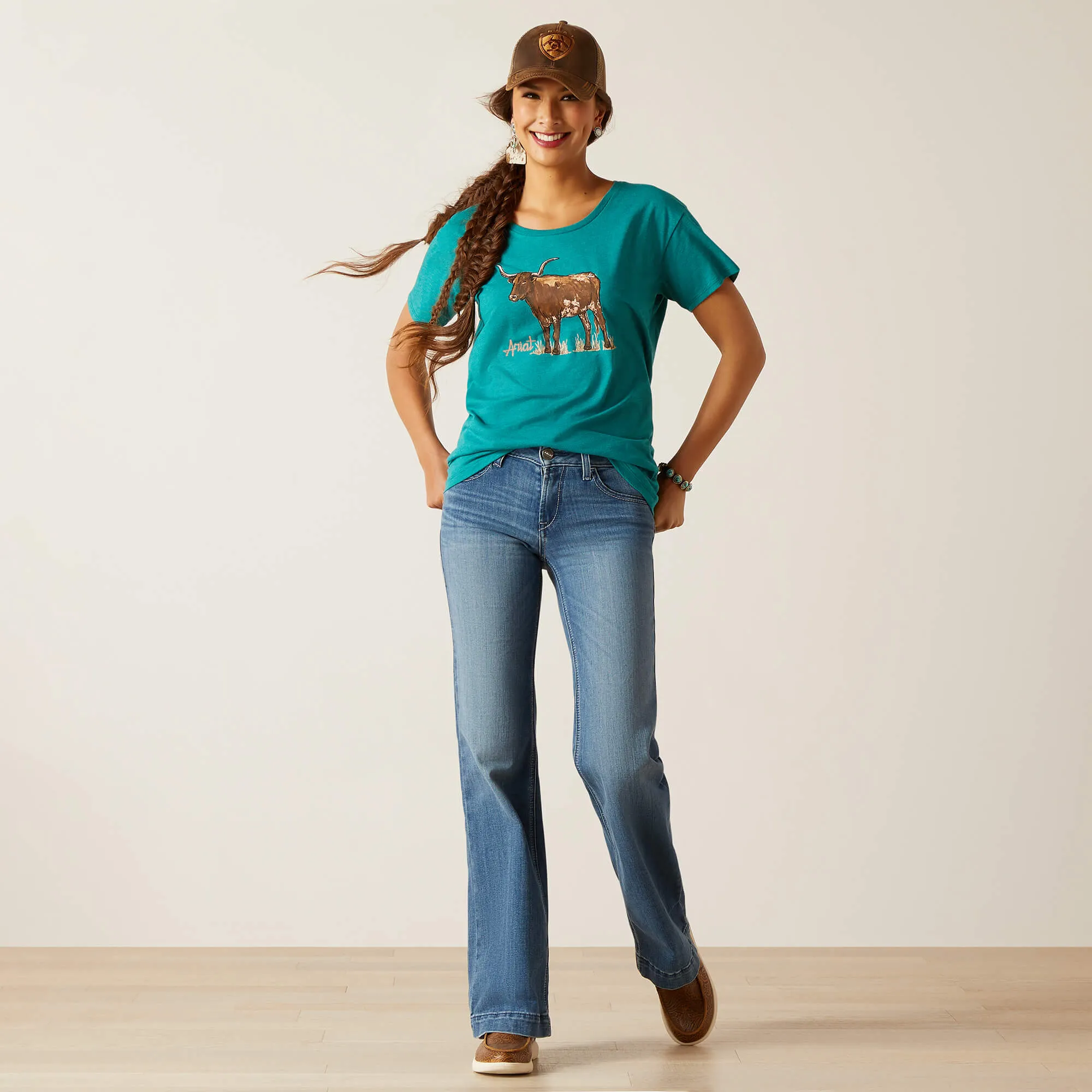 Ariat Women's Teal Green Longhorn Watercolor Tee