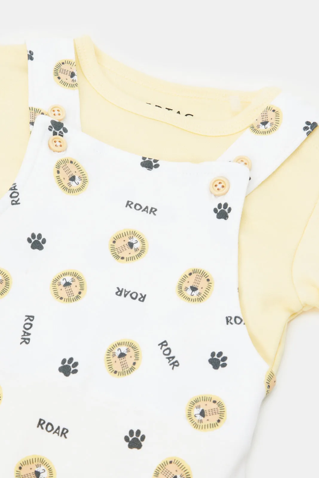 Baby Yellow And White Printed T-Shirt And Dungaree Set (2 Piece)