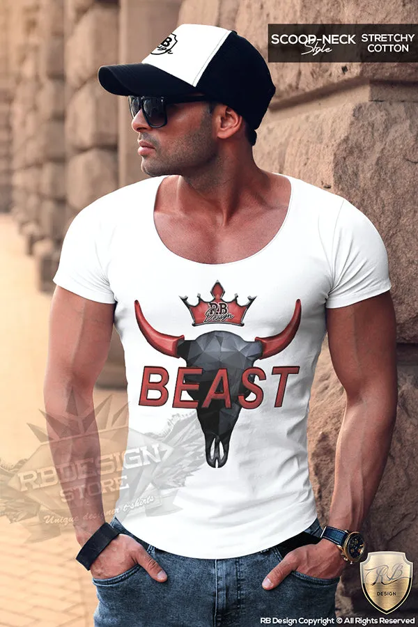 Beast Men's T-shirt Buffalo Bison Skull Scoop Neck Training Gym Muscle Top MD730 RED