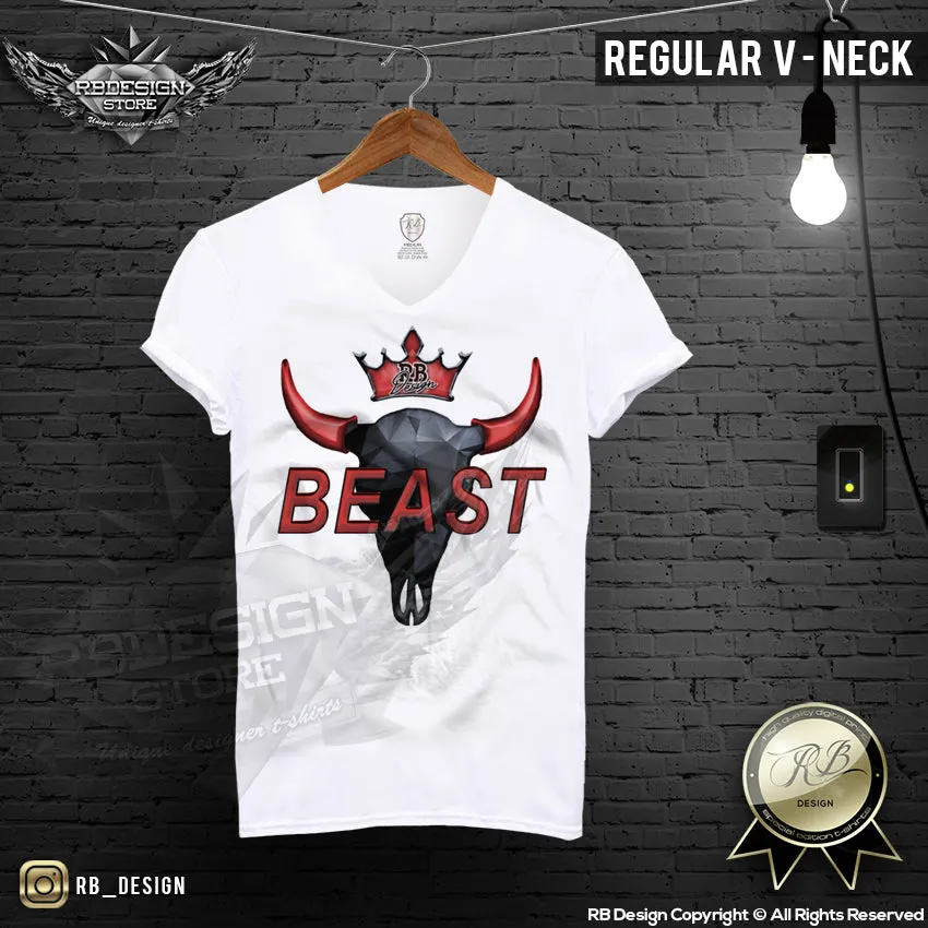 Beast Men's T-shirt Buffalo Bison Skull Scoop Neck Training Gym Muscle Top MD730 RED