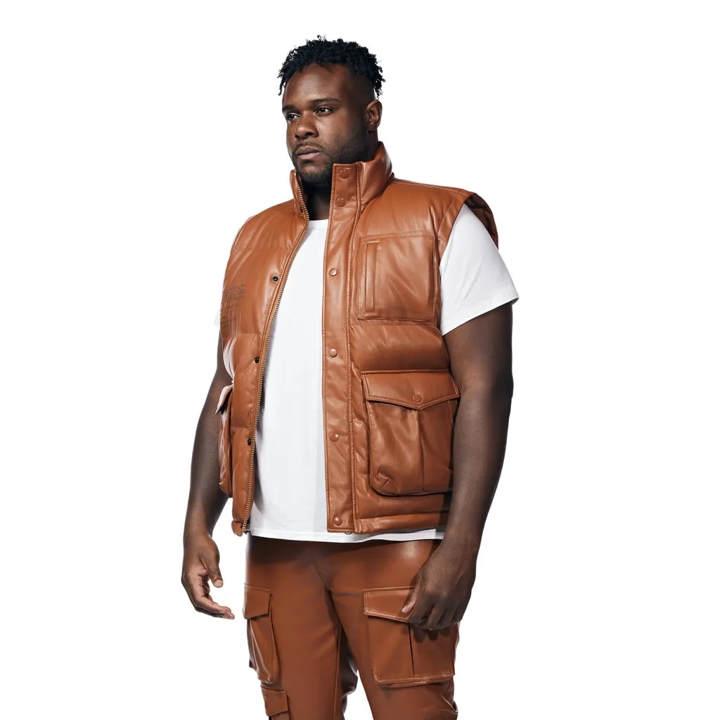 Big And Tall Utility Vegan Leather Vest - Cognac