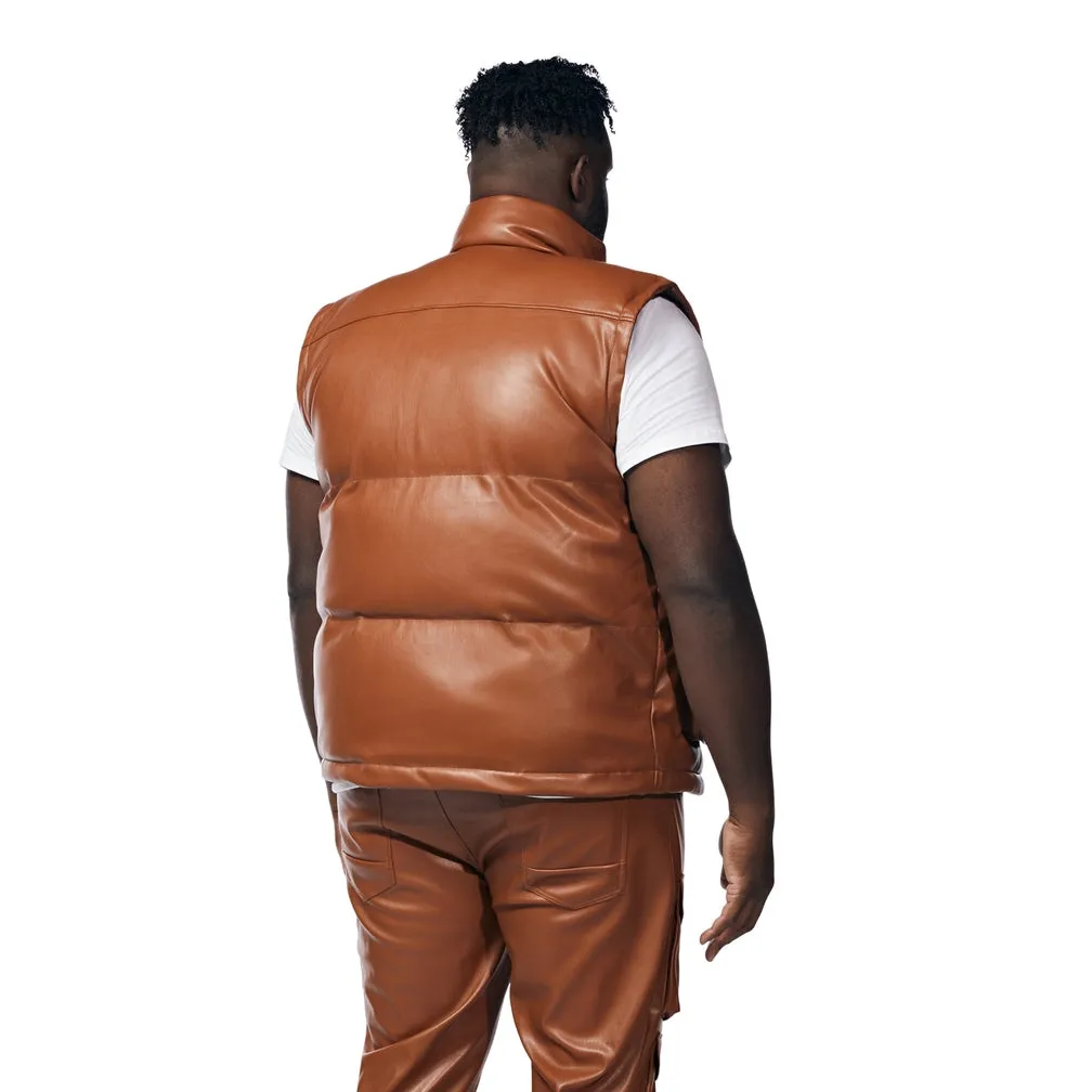 Big And Tall Utility Vegan Leather Vest - Cognac