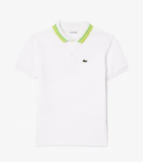 Boys' Lacoste Tricolor Collar Cotton Petit Piqué Polo Shirt White/Brasilia-White-Fire