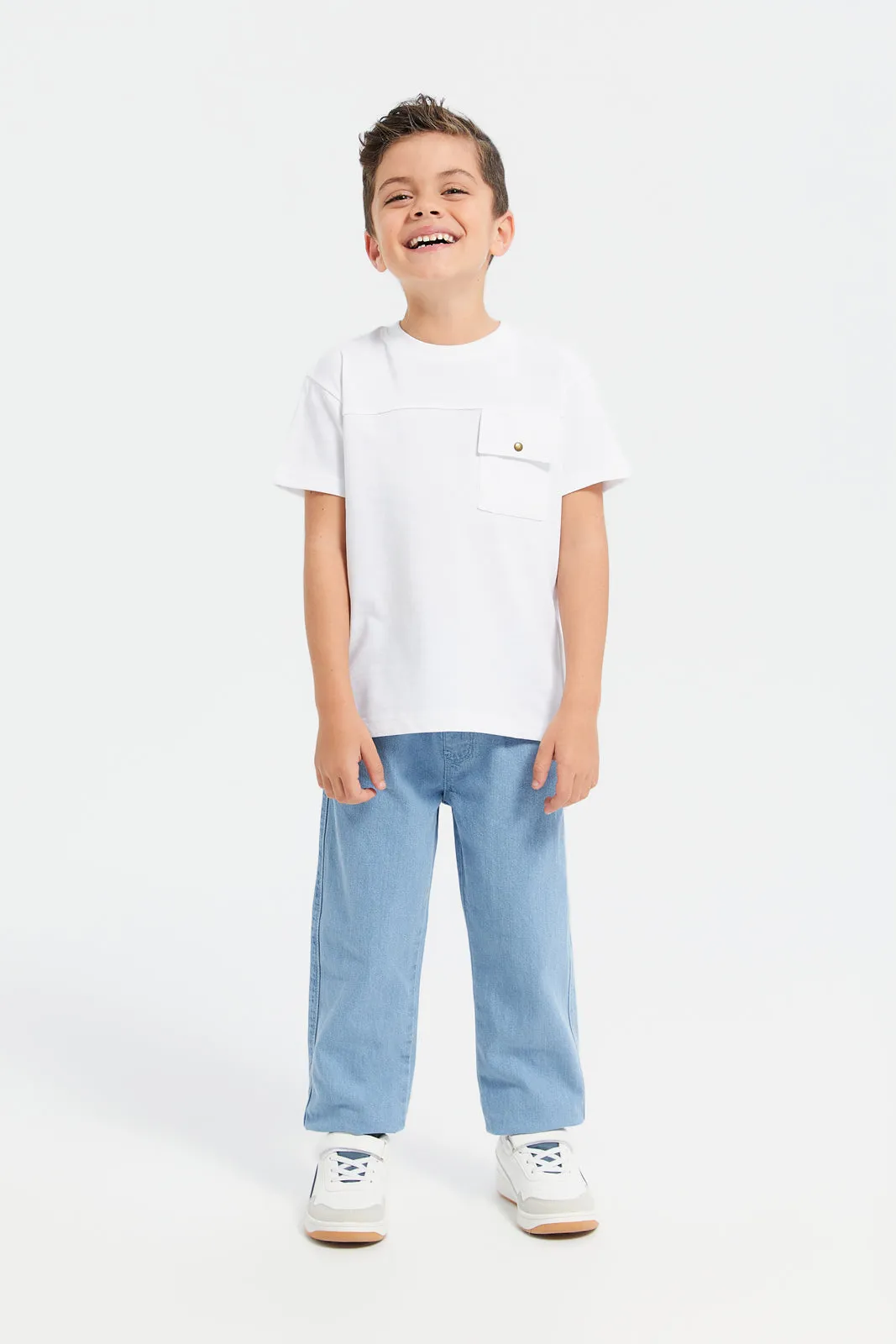 Boys White Oversized Flap Pocket T-Shirt