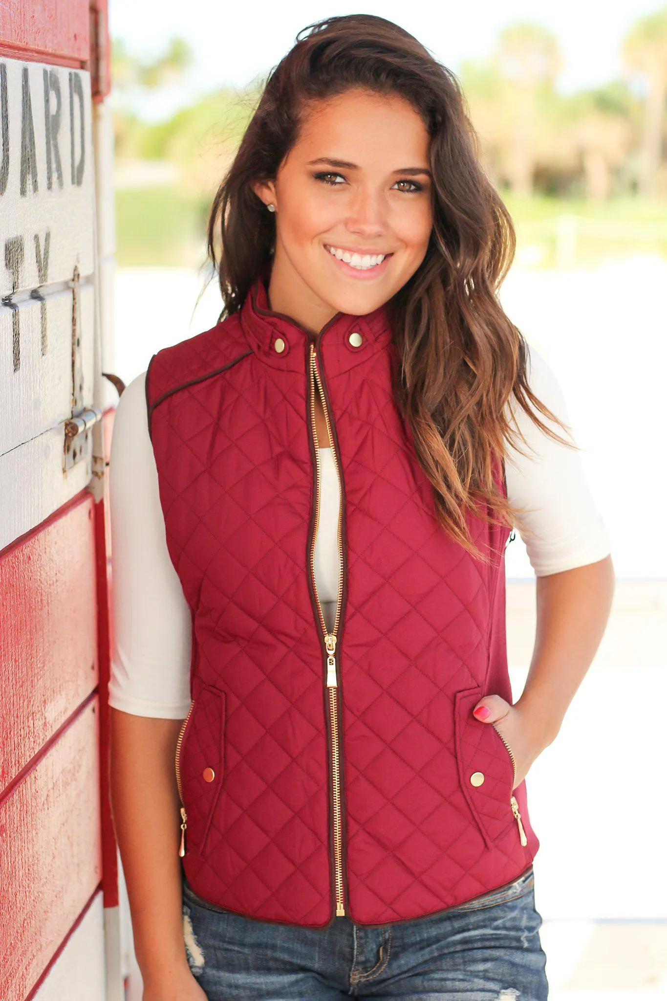 Burgundy Quilted Vest With Pockets