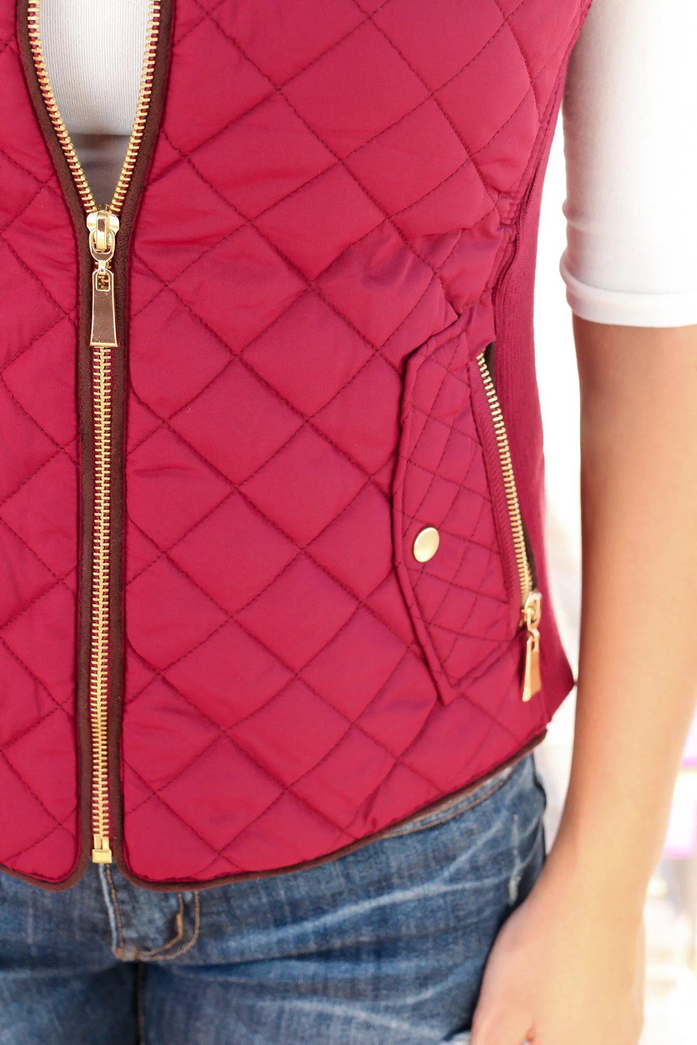 Burgundy Quilted Vest With Pockets