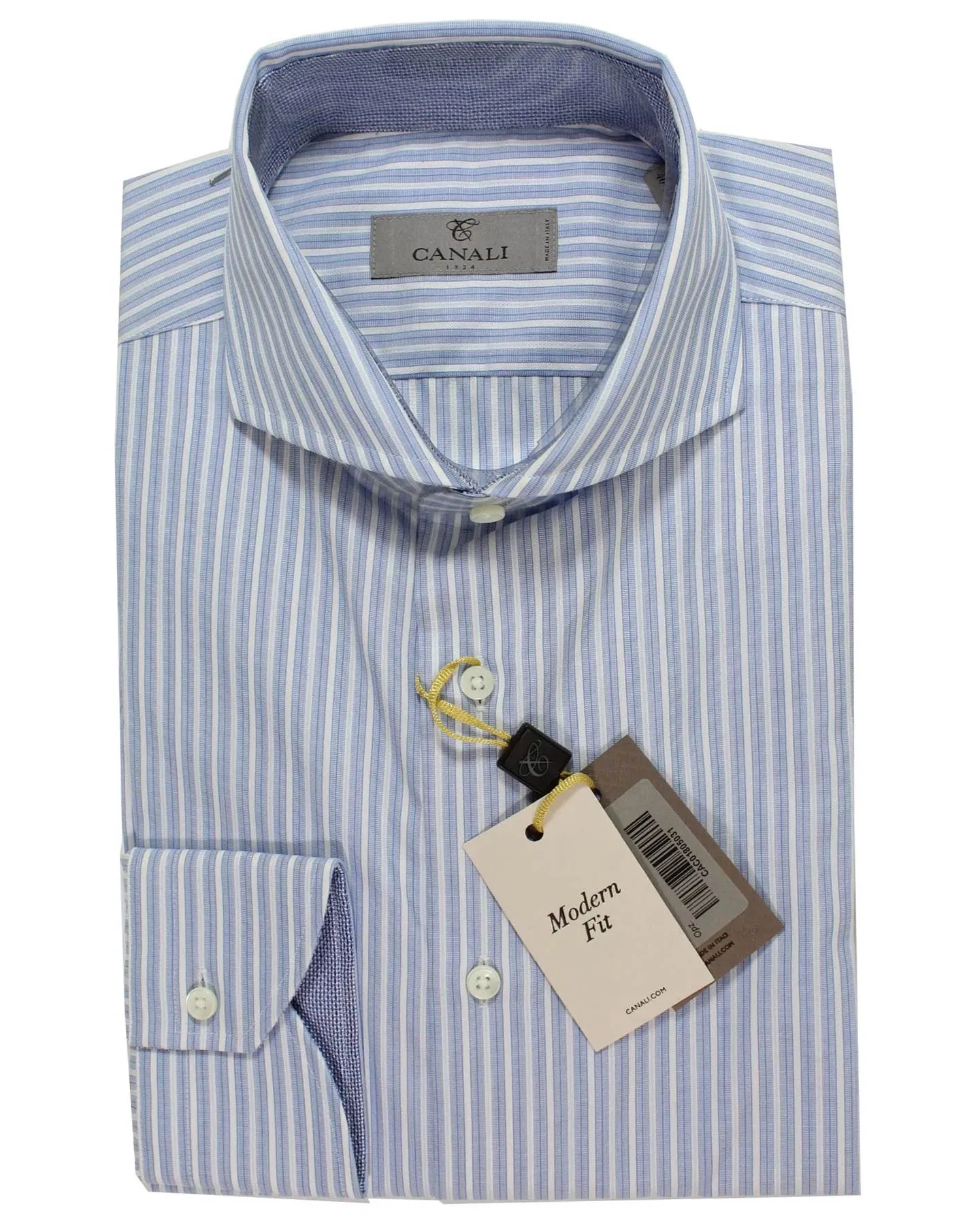 Canali Dress Shirt Blue White Navy Stripes - Modern Fit 40 - 15 3/4