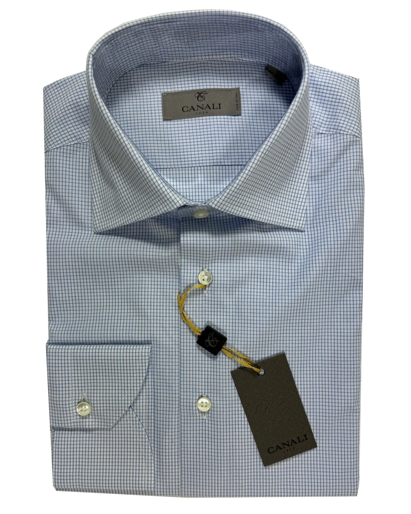 Canali Dress Shirt Graph Check White Blue - Modern Fit 39 - 15 1/2