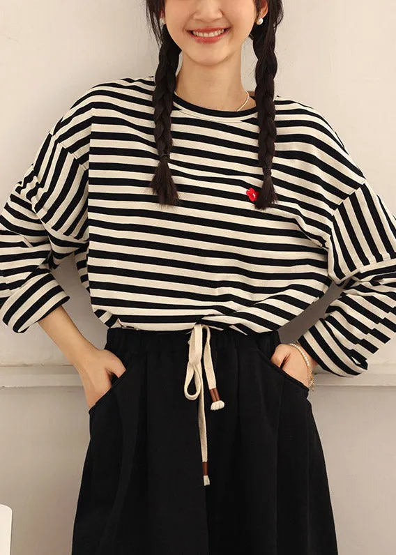 Casual Beige Black Striped O-Neck Cozy Cotton T Shirts Spring TI1020