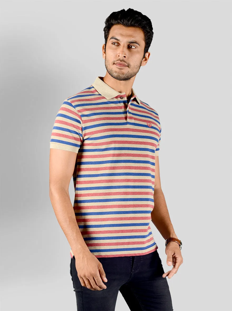 Claret Red & Blue Striped Slim Fit Polo T-shirt | Greenfibre