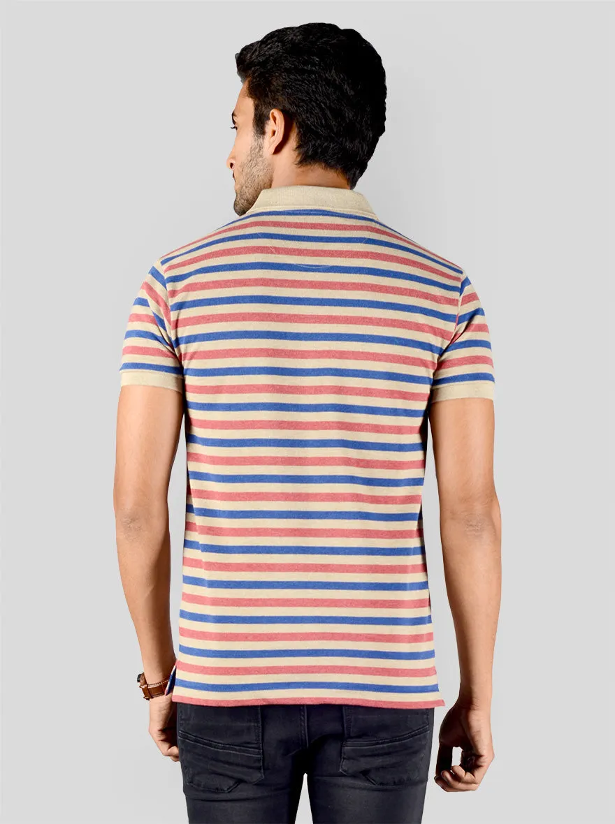 Claret Red & Blue Striped Slim Fit Polo T-shirt | Greenfibre