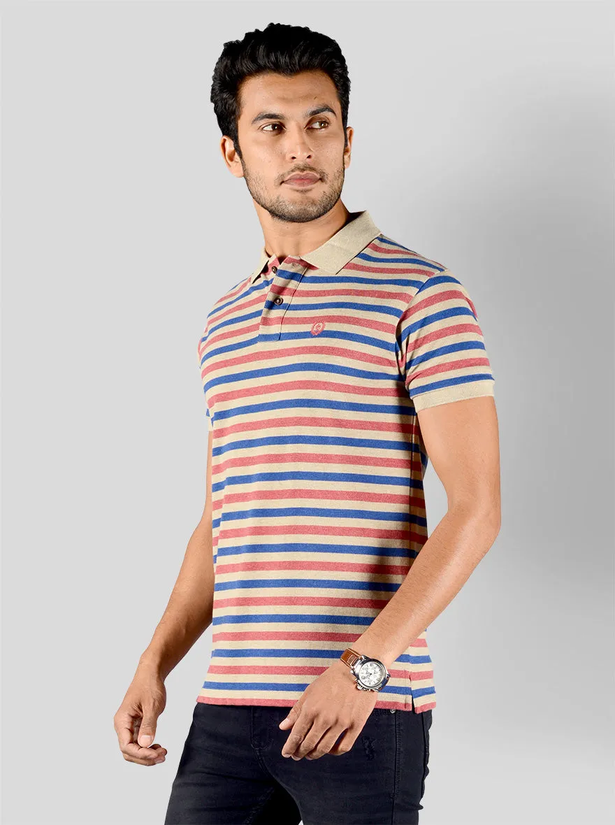 Claret Red & Blue Striped Slim Fit Polo T-shirt | Greenfibre