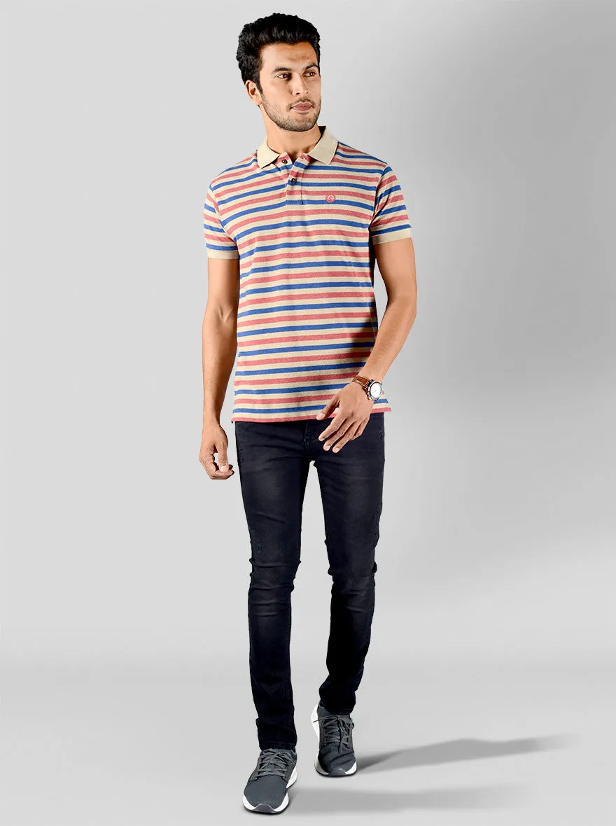 Claret Red & Blue Striped Slim Fit Polo T-shirt | Greenfibre