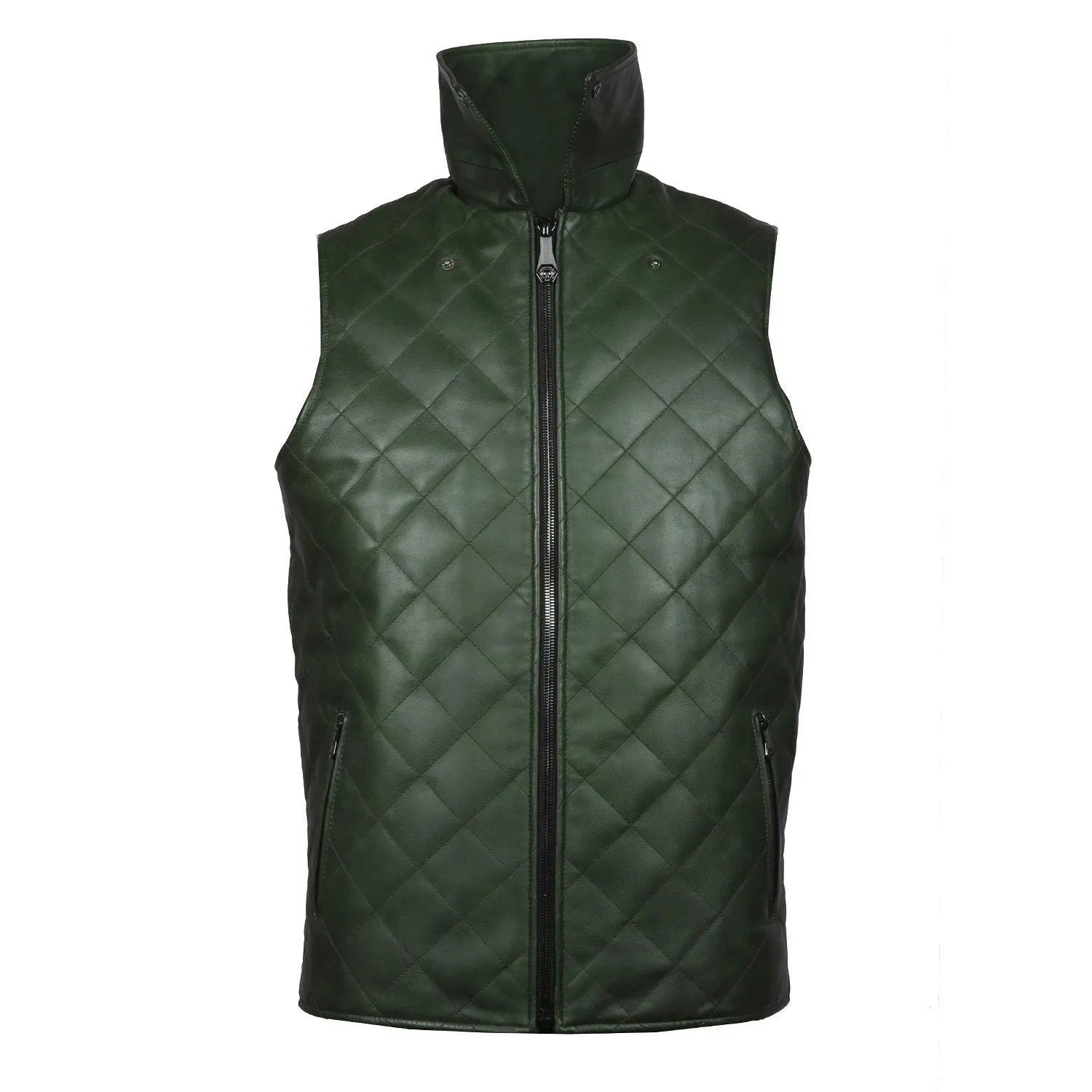 Diamond Stitched Green Leather Vest Jacket with Zipper Closure