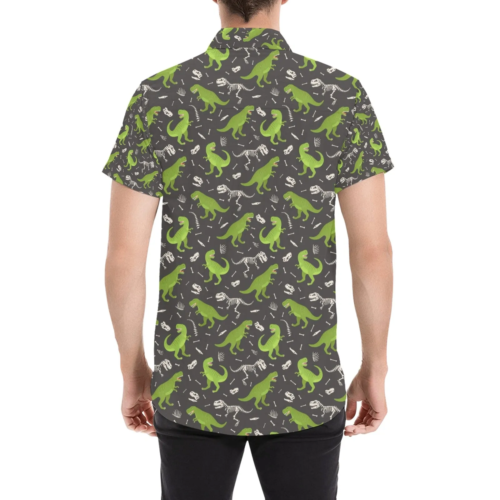 Dinosaur Short Sleeve Men Button Up Shirt, Dino Skeleton Green Print Casual Buttoned Down Summer Dress Shirt Gift Husband