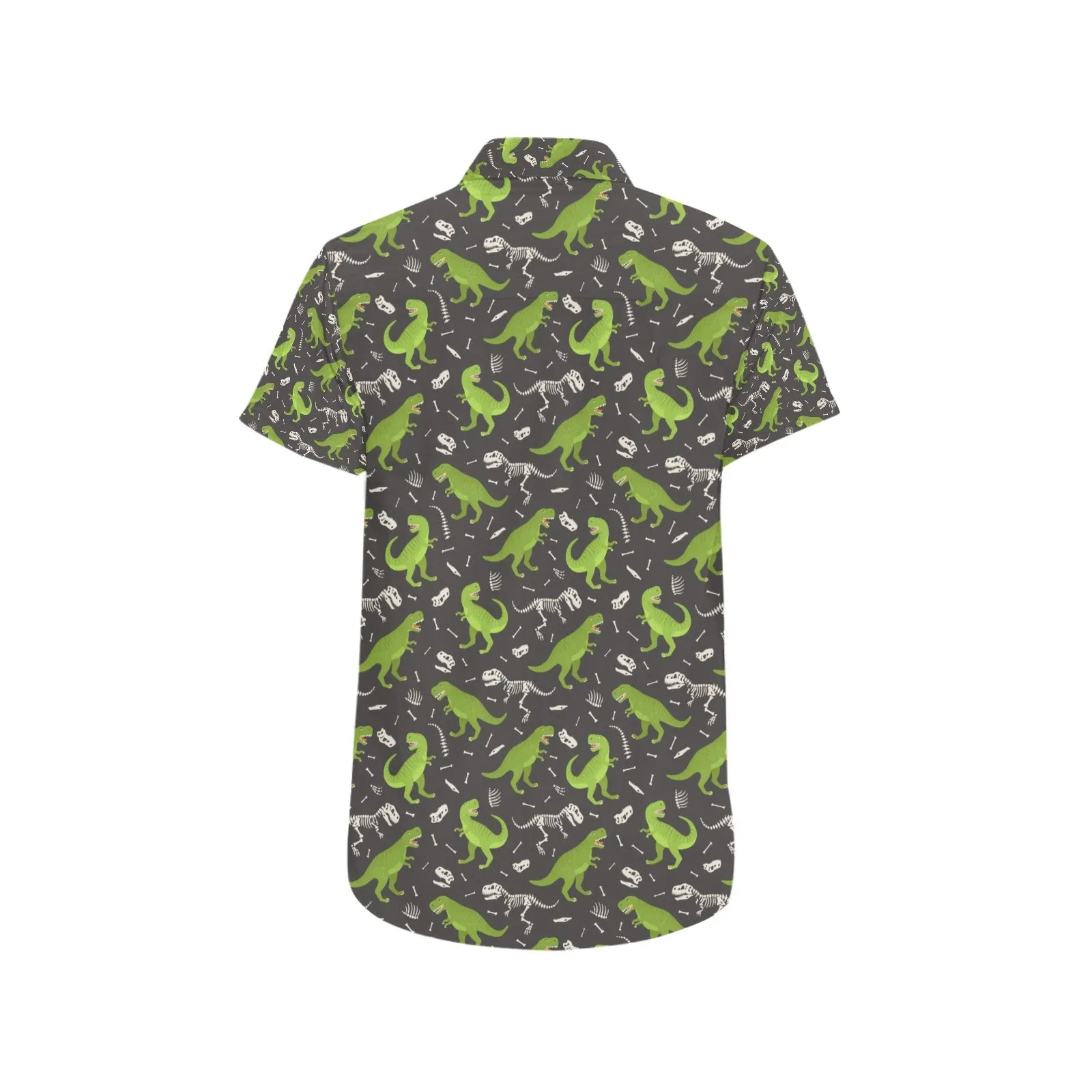 Dinosaur Short Sleeve Men Button Up Shirt, Dino Skeleton Green Print Casual Buttoned Down Summer Dress Shirt Gift Husband