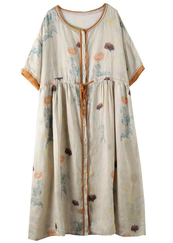 Diy Floral Chiffon Long Shirts O Neck Drawstring Robe Summer Dresses