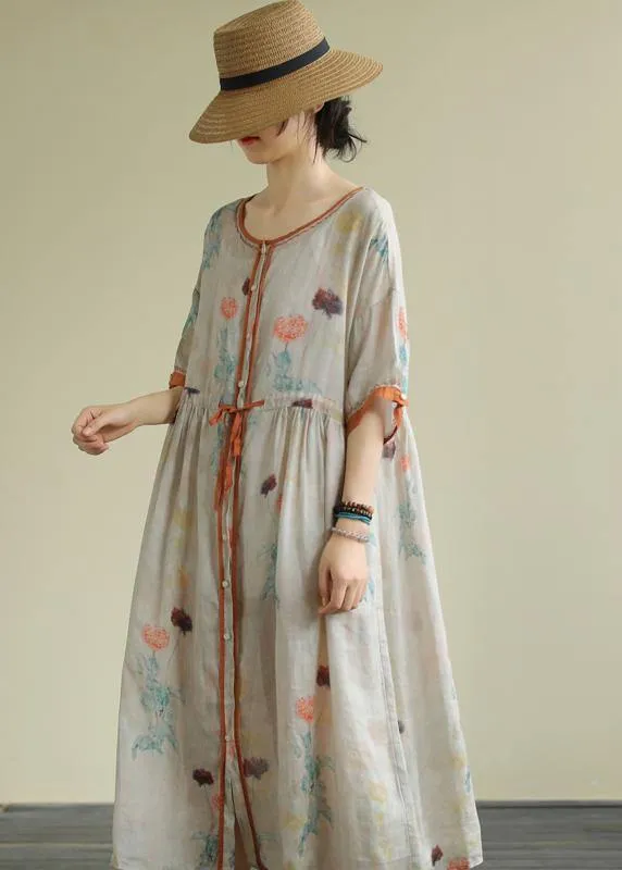 Diy Floral Chiffon Long Shirts O Neck Drawstring Robe Summer Dresses