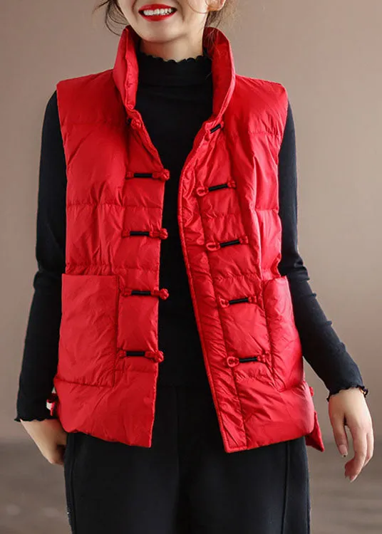 DIY Red Stand Collar Pockets Oriental Winter Puffer Vest