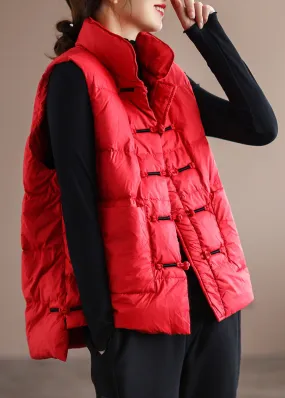 DIY Red Stand Collar Pockets Oriental Winter Puffer Vest