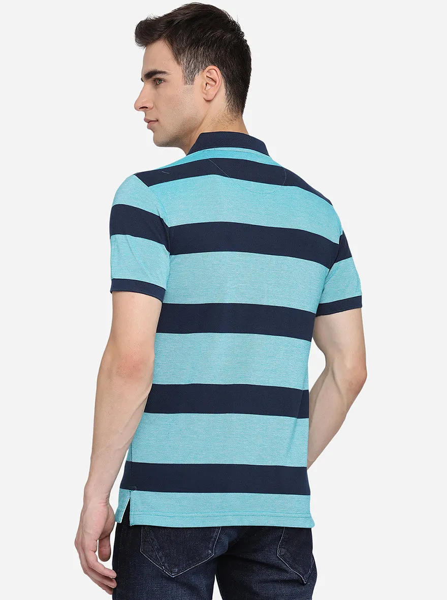 Enamel Blue Striped Slim Fit Polo T-Shirt | Greenfibre