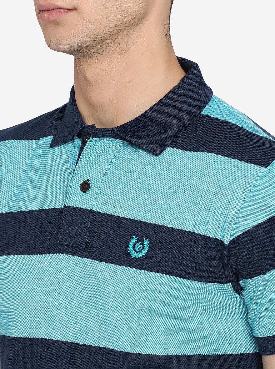 Enamel Blue Striped Slim Fit Polo T-Shirt | Greenfibre