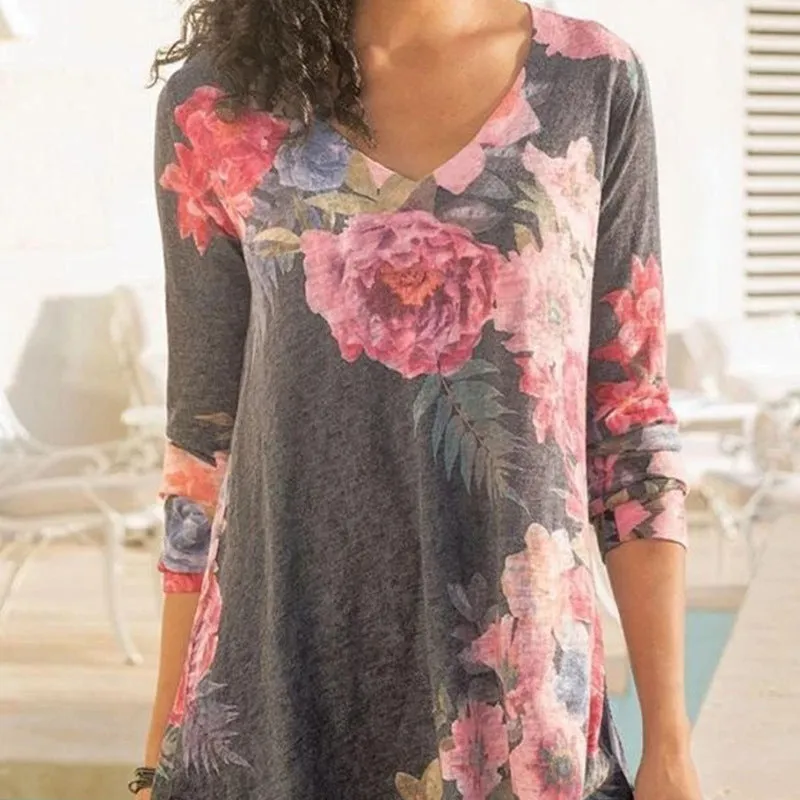 Fashion casual V-neck long-sleeved printed top