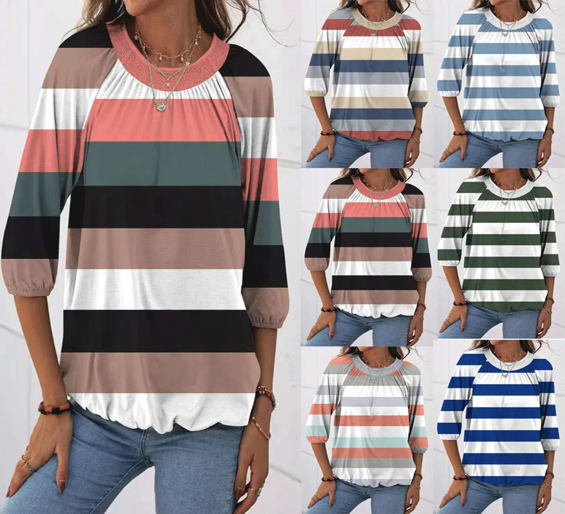 Fashion striped round neck T-shirt top