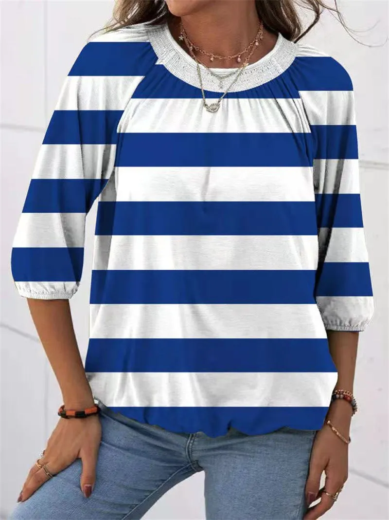 Fashion striped round neck T-shirt top