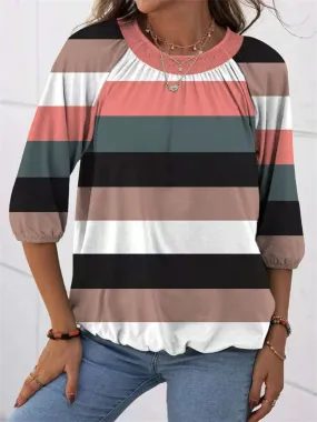 Fashion striped round neck T-shirt top