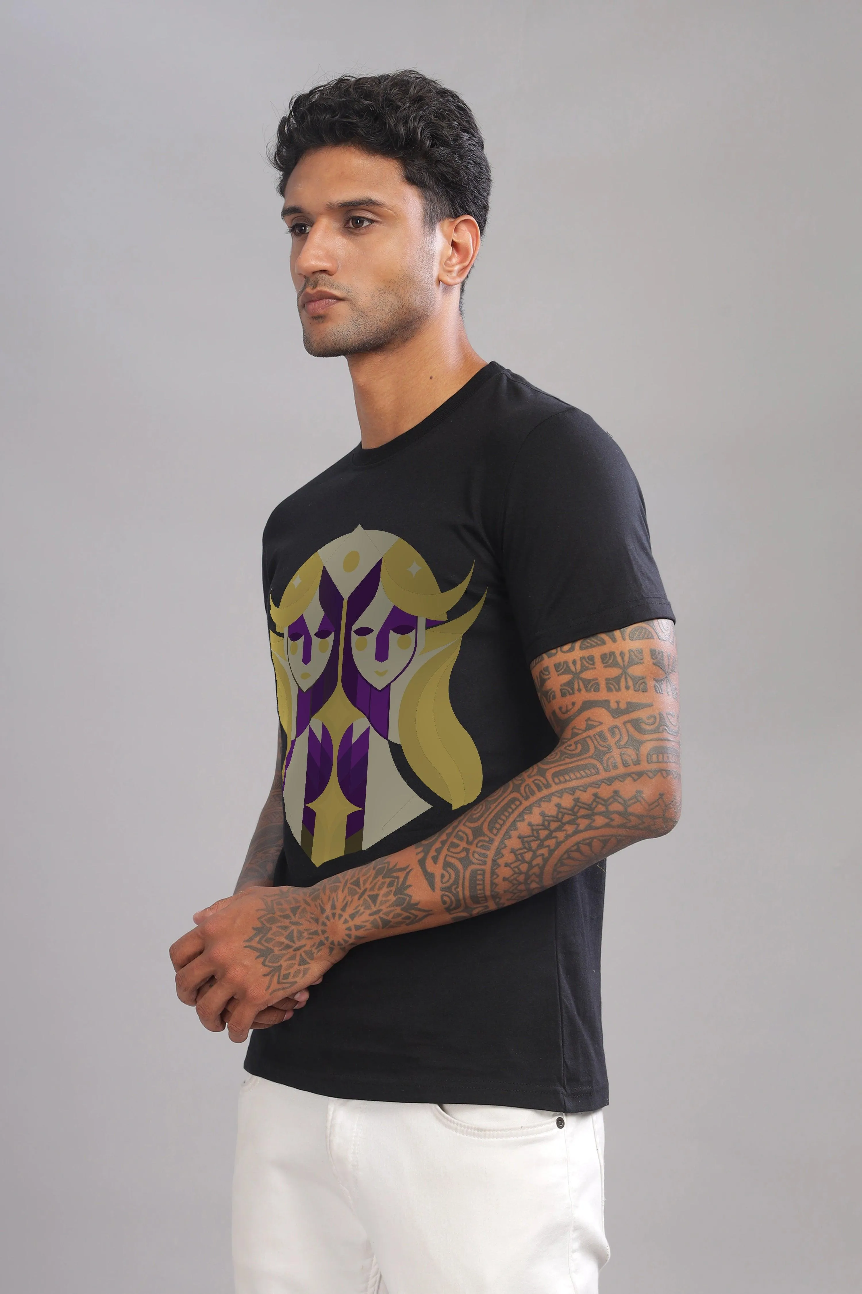 Gemini Guru Black Half Sleeve Printed Round Neck T-Shirt