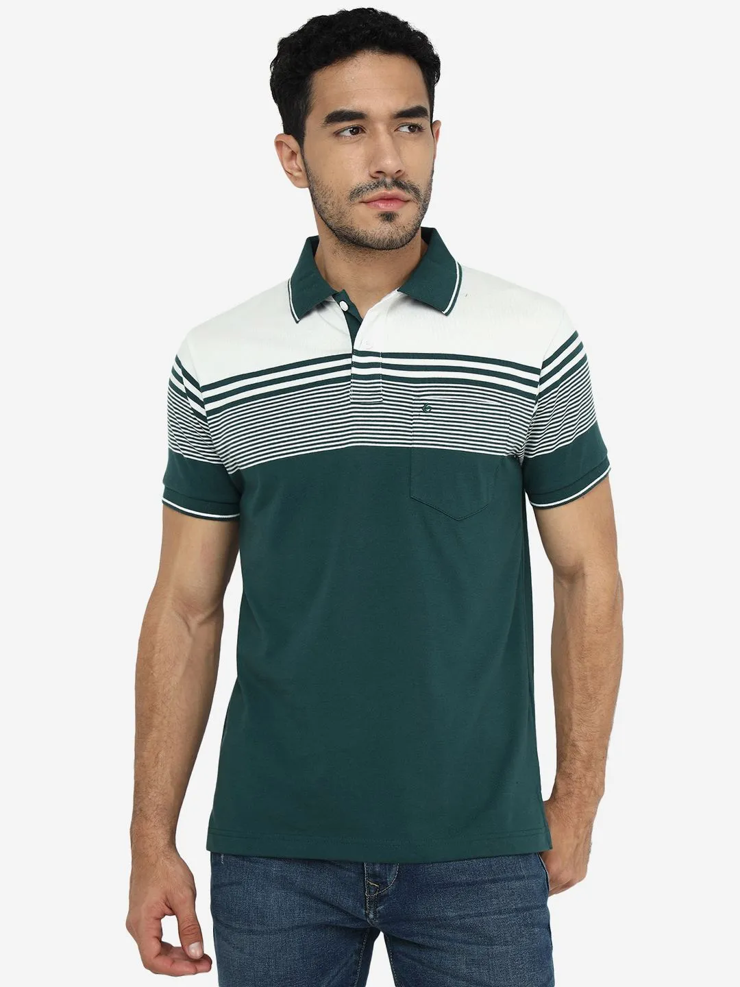 Green & White Striped Slim Fit Polo T-Shirt | Greenfibre