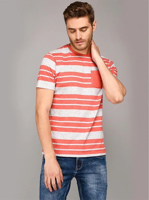 Greenfibre Carrot Red & Grey Striped Slim Fit Round Neck T-Shirt