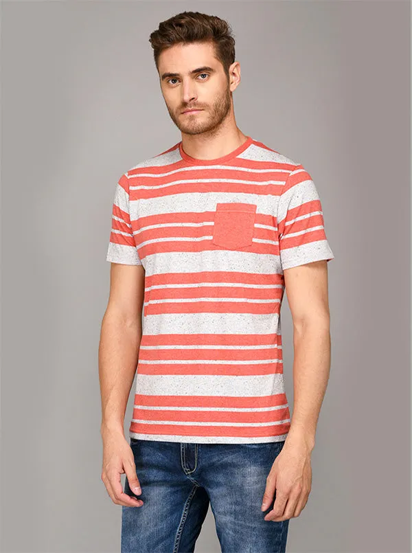 Greenfibre Carrot Red & Grey Striped Slim Fit Round Neck T-Shirt