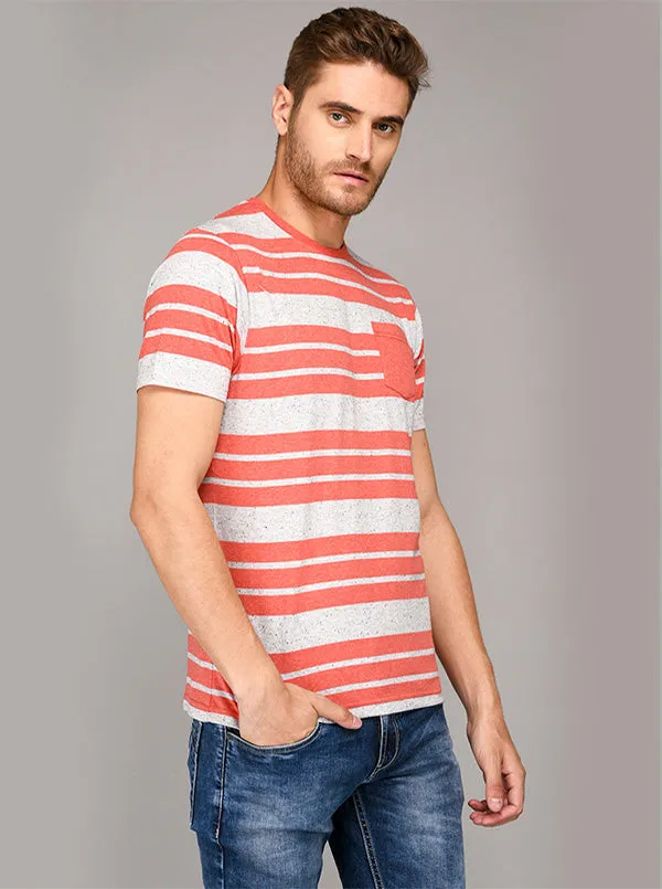 Greenfibre Carrot Red & Grey Striped Slim Fit Round Neck T-Shirt