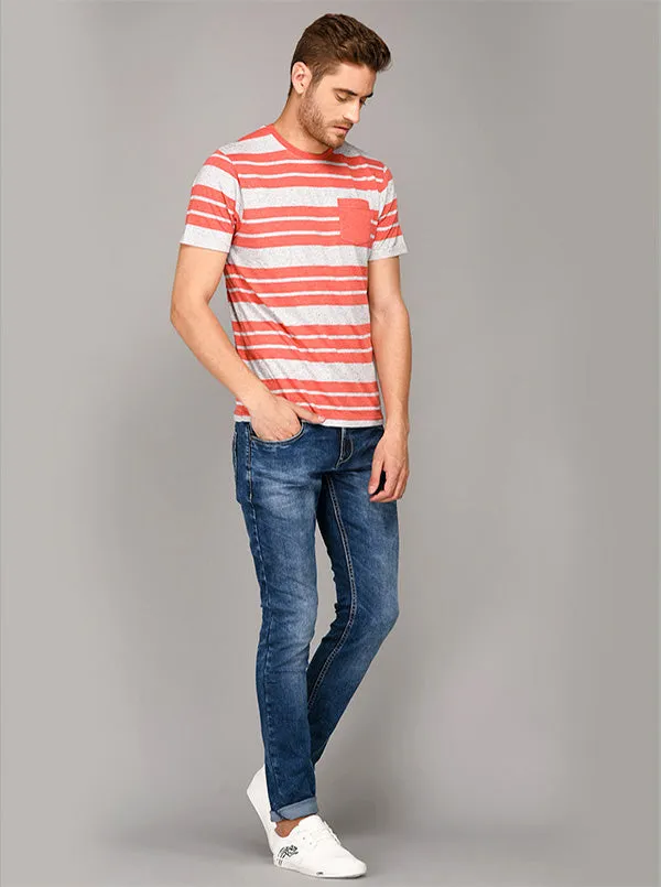 Greenfibre Carrot Red & Grey Striped Slim Fit Round Neck T-Shirt