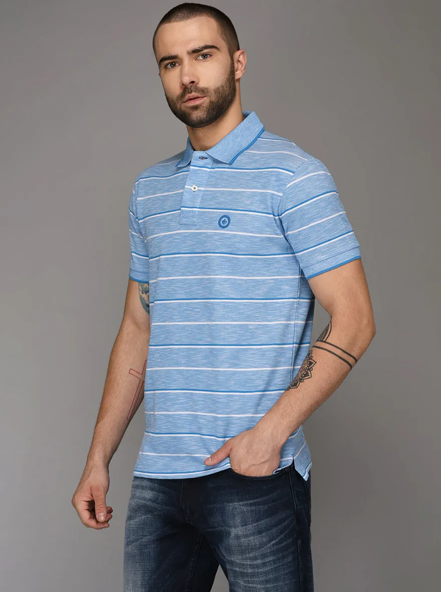 Greenfibre Malibu Blue & White Striped Slim Fit Polo T-Shirt