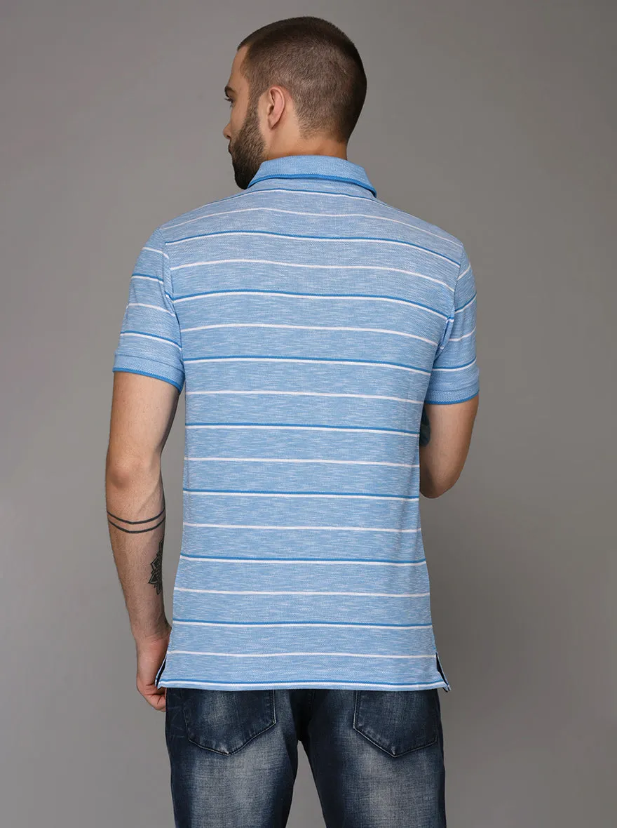 Greenfibre Malibu Blue & White Striped Slim Fit Polo T-Shirt