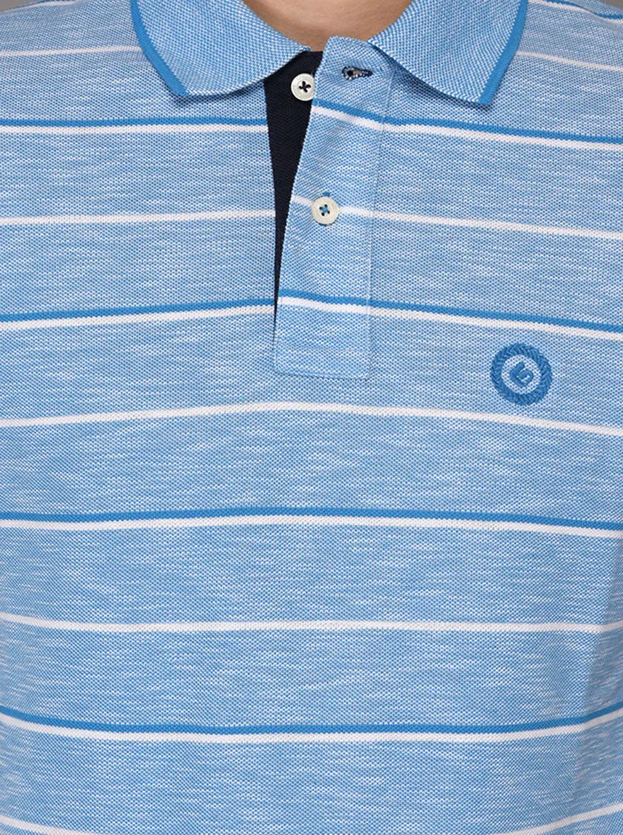 Greenfibre Malibu Blue & White Striped Slim Fit Polo T-Shirt