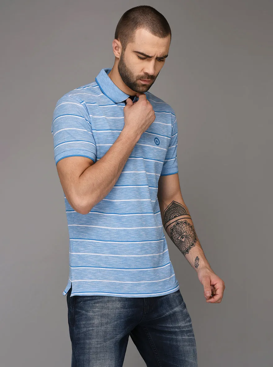 Greenfibre Malibu Blue & White Striped Slim Fit Polo T-Shirt