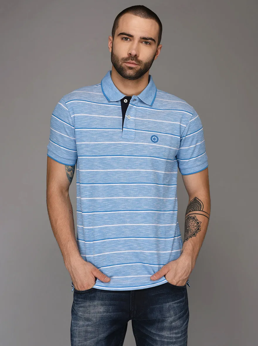 Greenfibre Malibu Blue & White Striped Slim Fit Polo T-Shirt